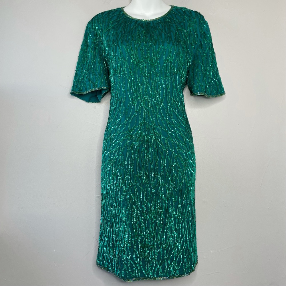LAURENCE KAZAR Vintage 80s Emerald Green Silk Sequin Beaded Dress Size XL